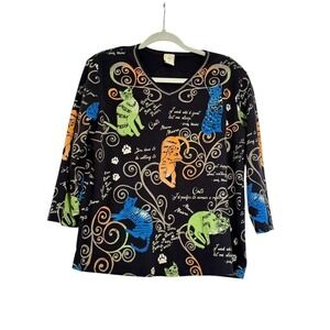 Jess & Jane Cats Swirls  Andy Warhol Art Black Top Womens XL